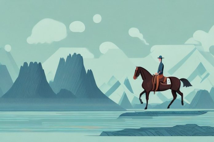A horse and rider in a fjord landscape