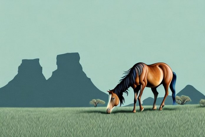 A brumby horse grazing in a south african landscape