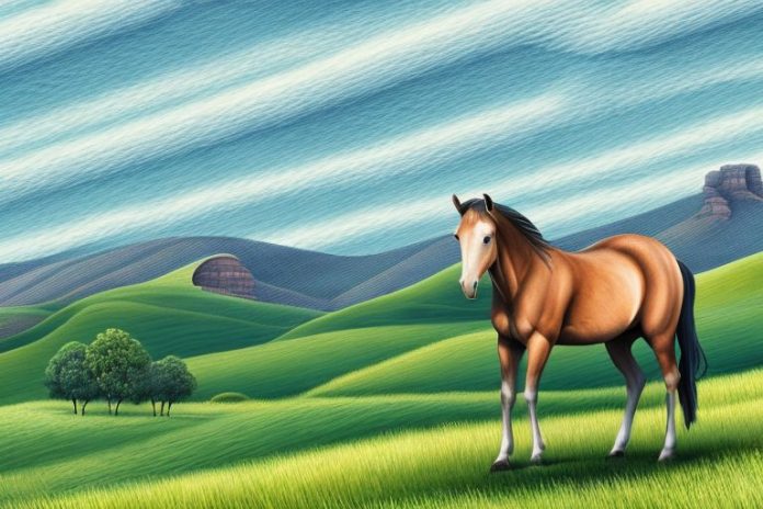 A brumby horse in a landscape of rolling hills in somerset west
