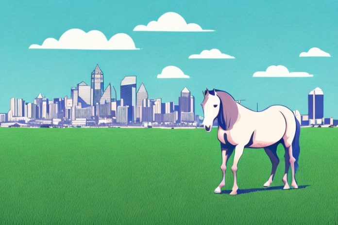 A horse in a field with the durban skyline in the background