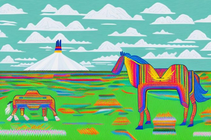 A margate landscape featuring an azteca horse grazing in the foreground