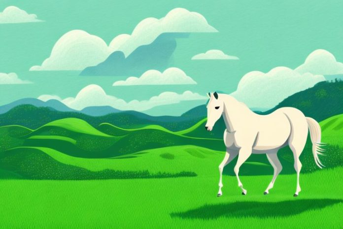 A horse in a lush green landscape with rolling hills in the background
