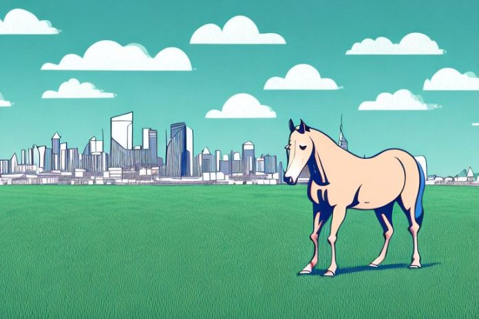 A horse in a field with the port elizabeth skyline in the background