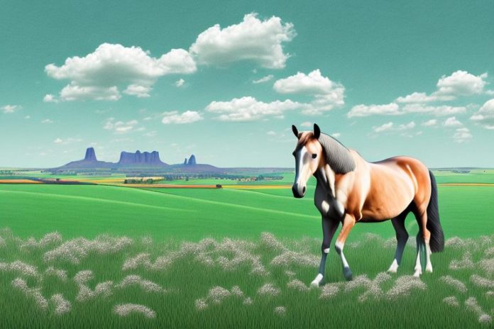 A horse in a field with the uitenhage landscape in the background