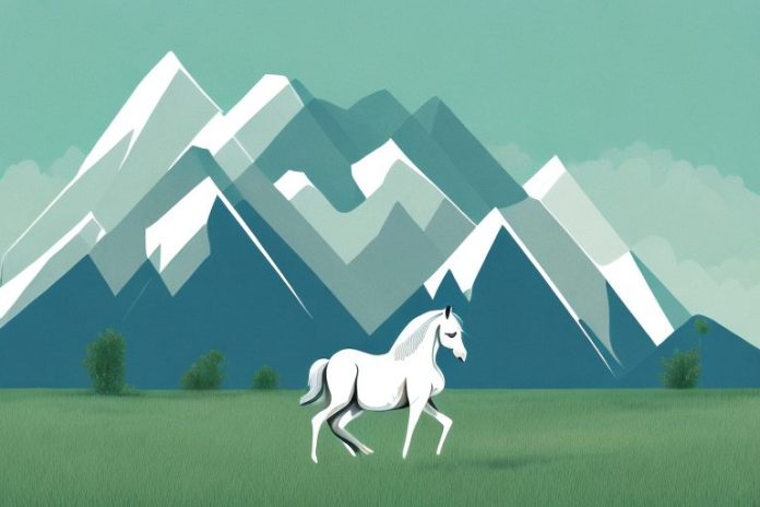 A horse in a field with a mountain range in the background