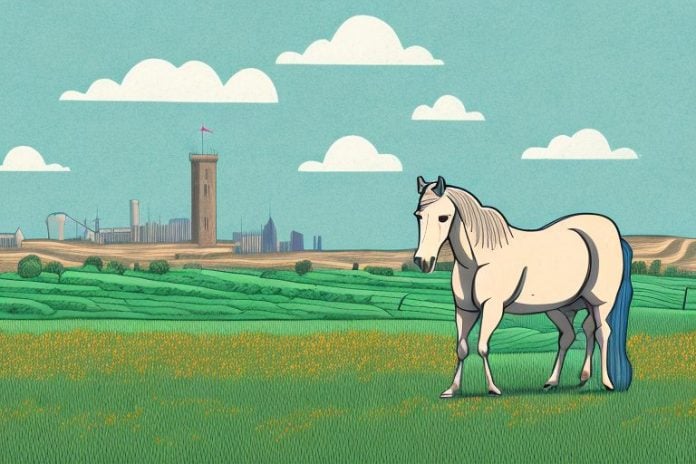 A horse in a field with a backdrop of the king william's town landscape