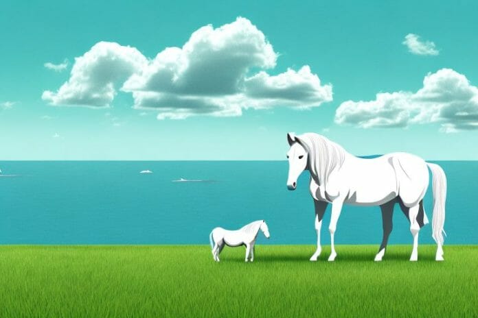 A horse in a pasture with a view of the ocean in the background