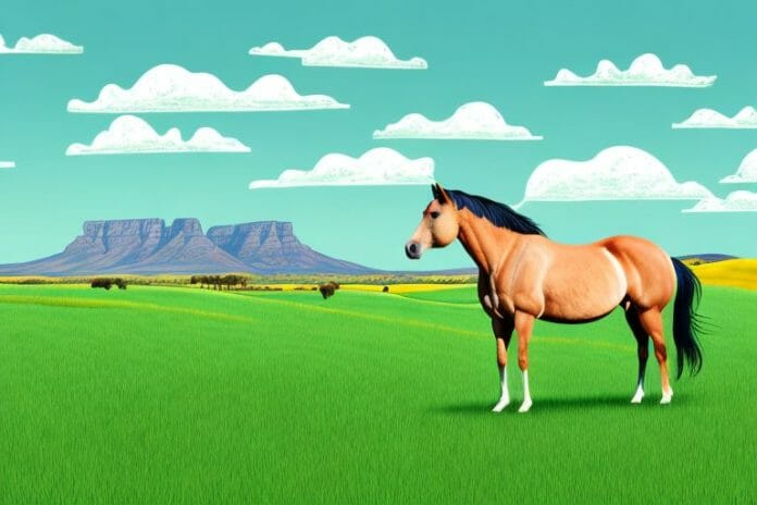 A horse standing in a grassy field with the south african landscape in the background