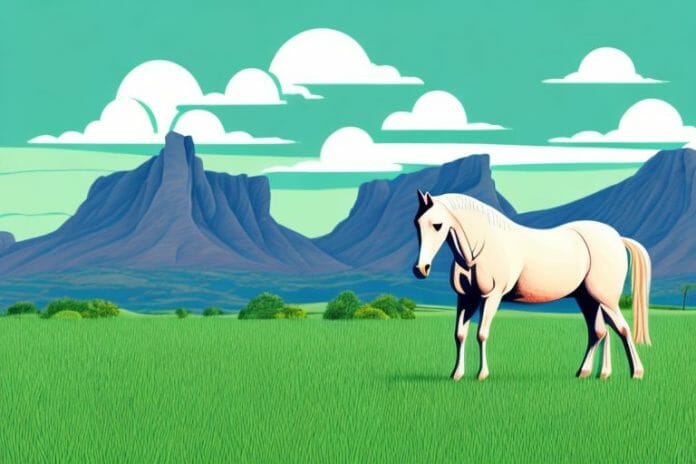 A horse in a grassy field with the mountains of ficksburg