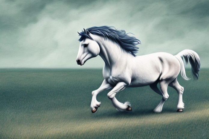 A belgian draft horse galloping in a rural landscape