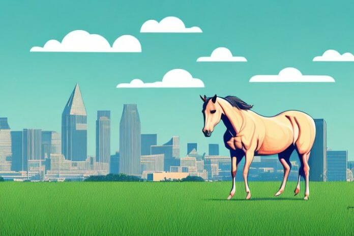 A horse in a field with a backdrop of the pretoria skyline