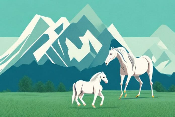 A horse in an open field with a mountain range in the background