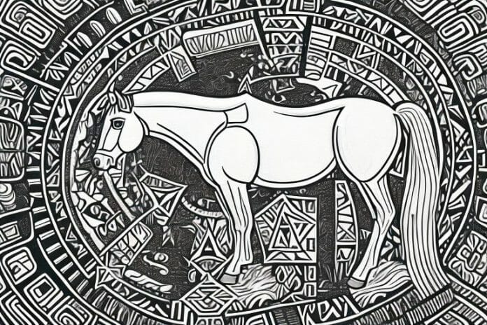 A horse in a rural landscape with the azteca breed's characteristic white star on its forehead
