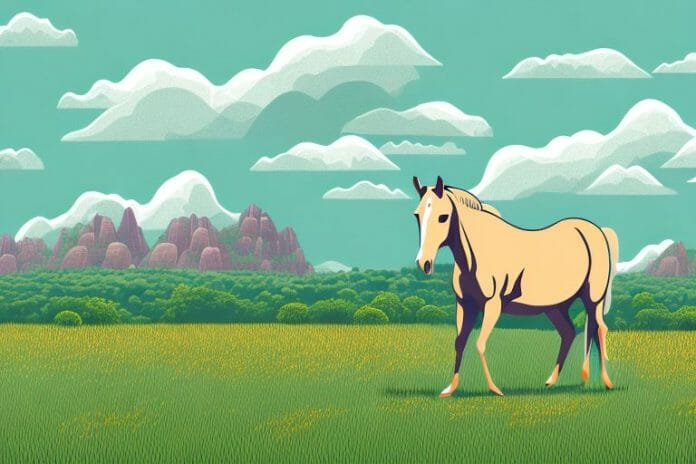 A horse in a field with a backdrop of the giyani landscape