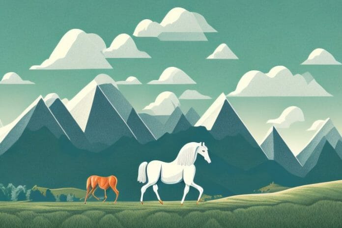 A horse in a rural landscape with mountains in the background