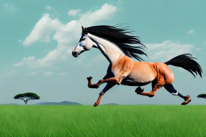 A majestic azteca horse galloping through the grassy plains of mpumalanga