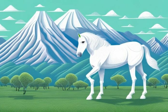 A white horse in a south african landscape with a backdrop of the azteca mountains
