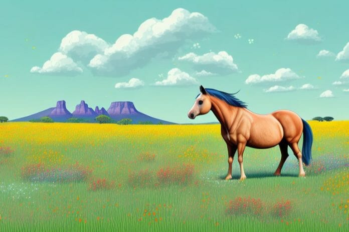 A horse in a field of wildflowers in the south african countryside