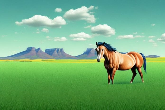 A horse in a field of grass with the south african landscape in the background