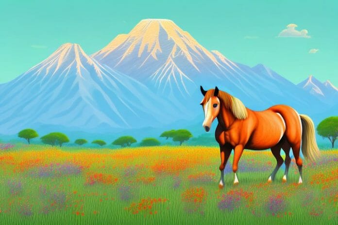 A horse in a field of wildflowers