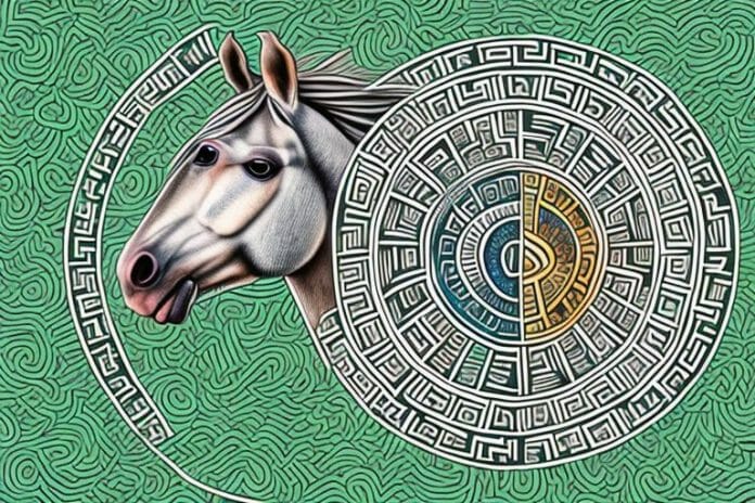 A horse in a grassy field with the azteca breed's distinctive features