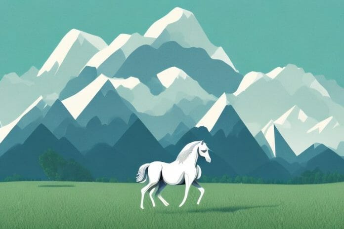 A horse in an open field with a mountain range in the background