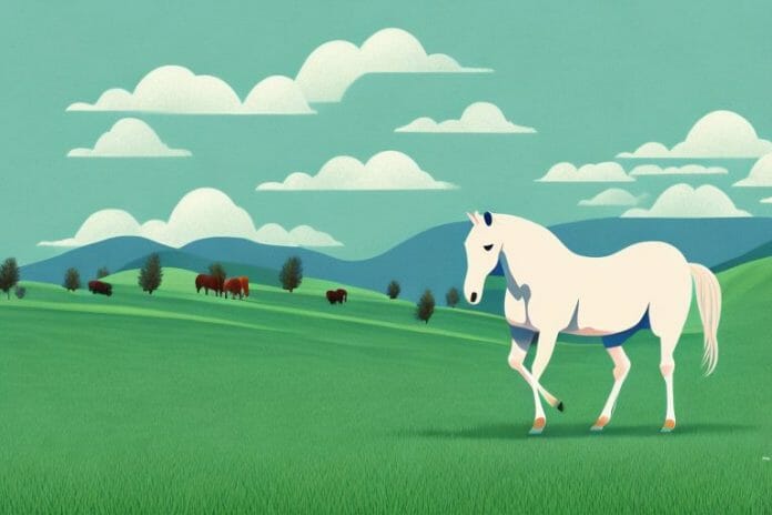 A horse in a pasture with rolling hills in the background