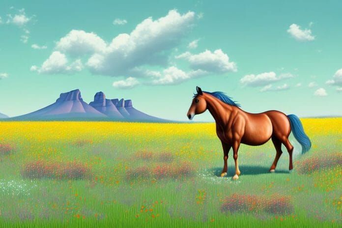 A horse in a field of wildflowers in the stellenbosch area of south africa