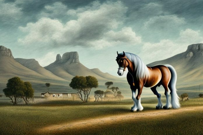 A belgian draft horse in a rural landscape in western cape