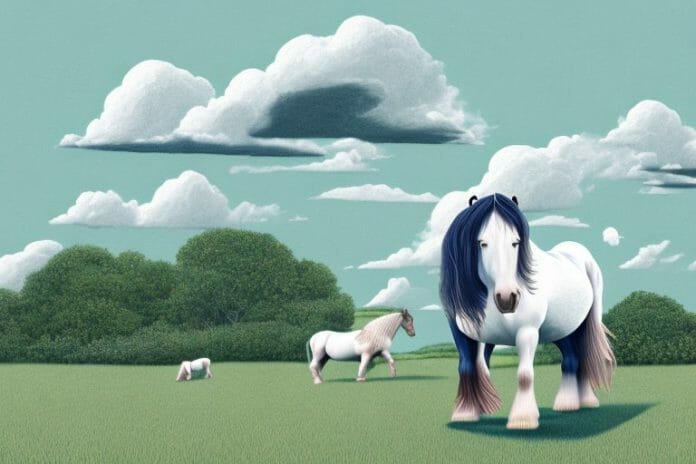A margate landscape featuring a shire horse in the foreground