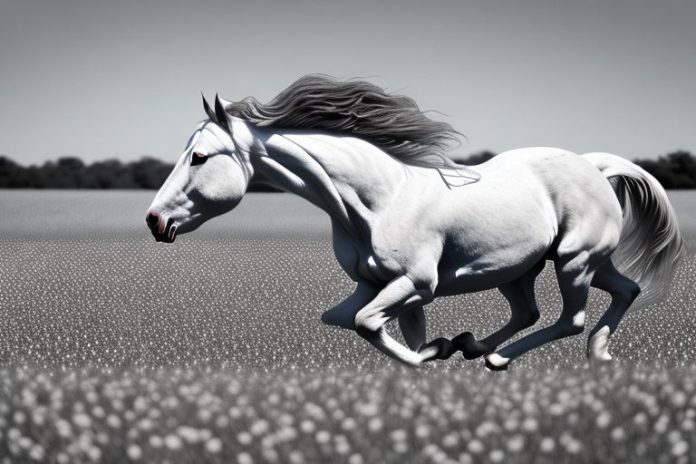 An american belgian draft horse galloping through a field in brits