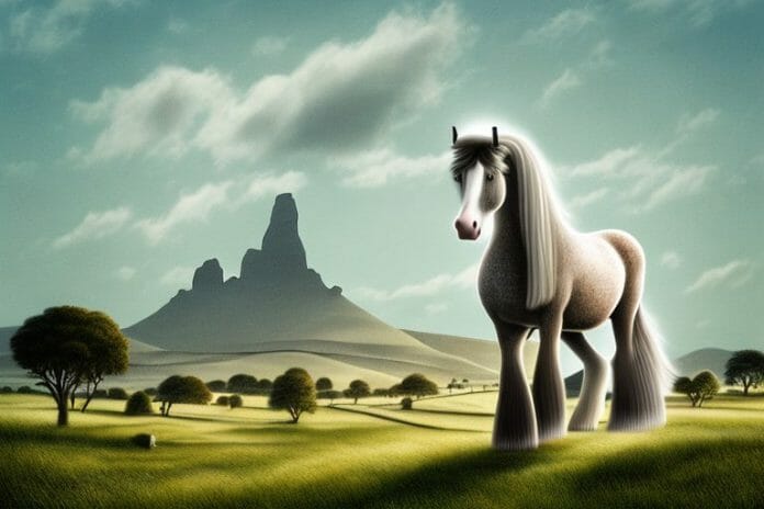 A shire horse standing in a rural landscape in mthatha