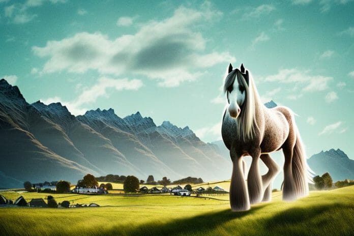 A shire horse standing in a rural landscape in queenstown