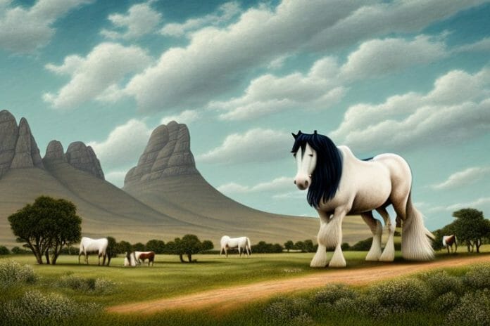 A shire horse in a rural landscape in graaff-reinet