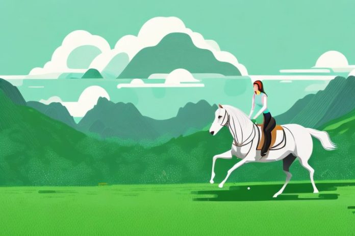 A horse and rider galloping through a lush