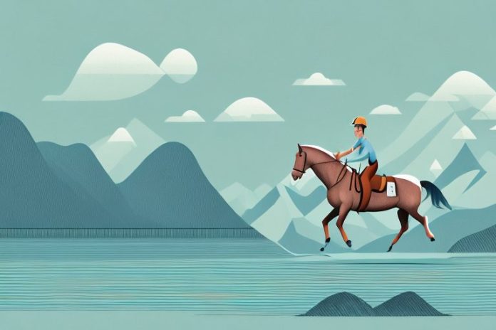 A horse and rider in a scenic fjord landscape