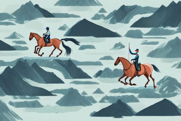 A horse and rider galloping through a scenic fjord landscape