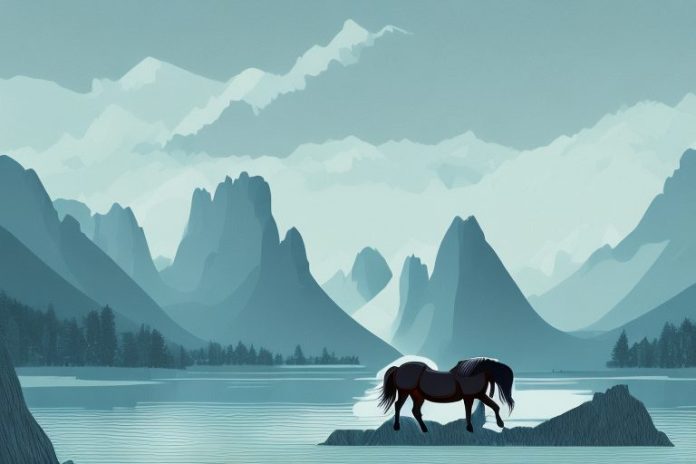 A beautiful landscape featuring a fjord horse in the foreground