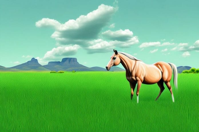 A horse in a field of lush grass in the tongaat region of south africa