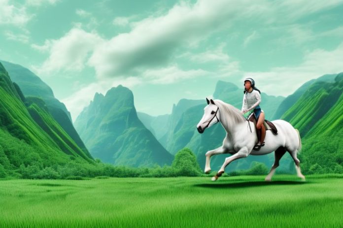 A horse and rider galloping through a lush