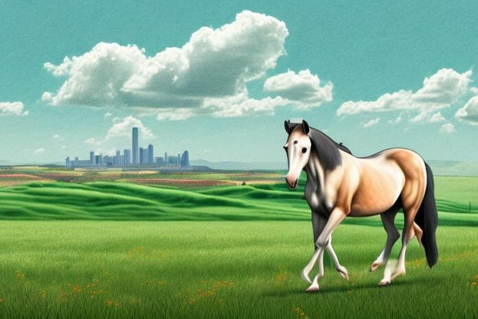 A horse in a field with the king william's town landscape in the background