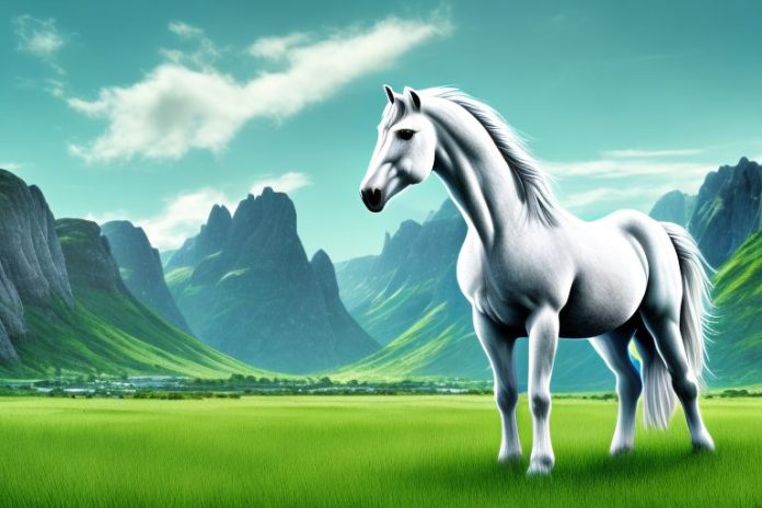 A majestic fjord horse standing in a grassy field with the phalaborwa landscape in the background