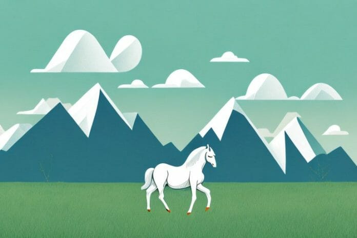 A horse in a field with a mountain range in the background