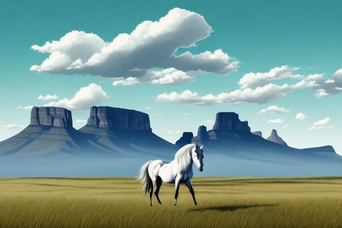 A horse in a field with the mountains of harrismith