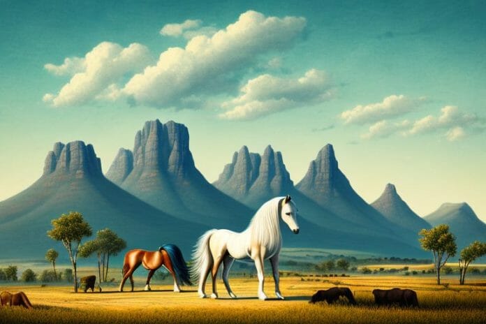 A cob horse in a rural south african landscape