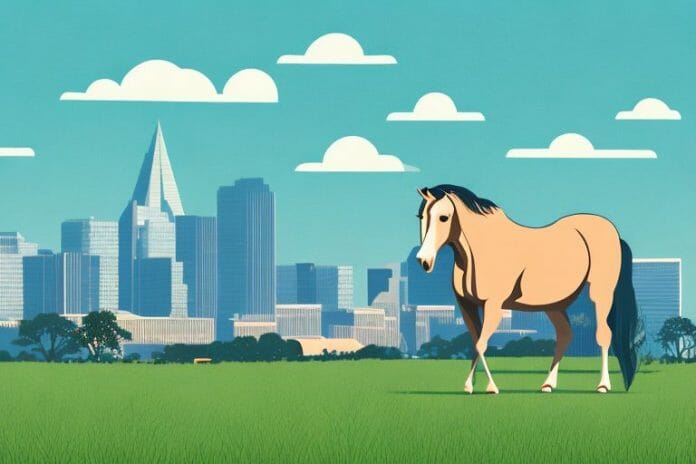 A horse in a pasture with the pretoria skyline in the background