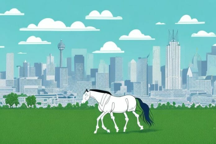 A horse in a field with johannesburg's skyline in the background