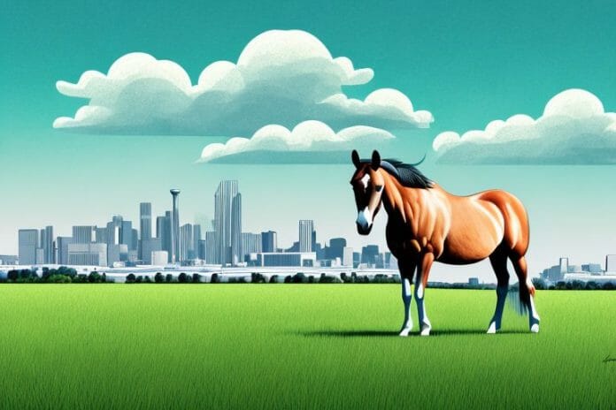 A horse in a field with a roodepoort skyline in the background