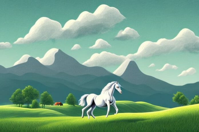 A horse in a rural landscape with rolling hills and mountains in the background