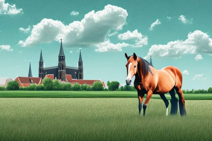 A horse in a field with a backdrop of the middelburg